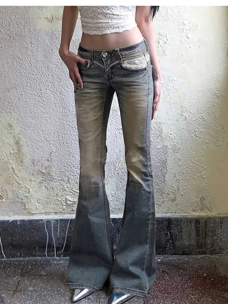 2025 Autumn Winter Women  American Retro Low Rise Denim Flare Pants 2000s Abi Y2k Skinny Jean Stretch Bell Bottom Harajuku New