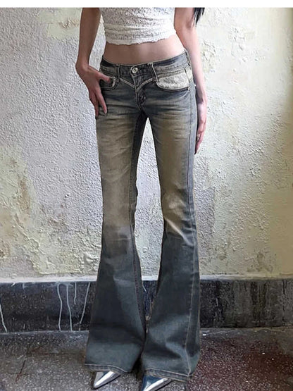 2025 Autumn Winter Women  American Retro Low Rise Denim Flare Pants 2000s Abi Y2k Skinny Jean Stretch Bell Bottom Harajuku New