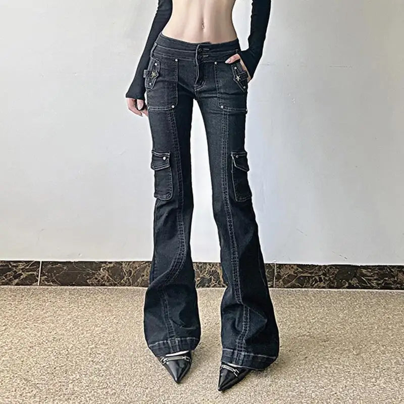 Y2K Punk Star Shaped Rivet Jeans Low Rise Multi Pockets Patchwork Cargo Pants Korean Hippie Flared Denim Trousers