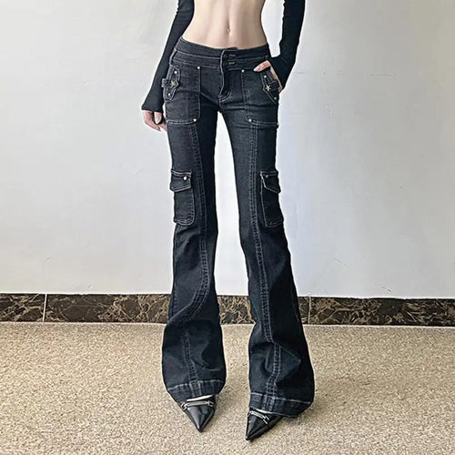 Y2K Punk Star Shaped Rivet Jeans Low Rise Multi Pockets Patchwork Cargo Pants Korean Hippie Flared Denim Trousers