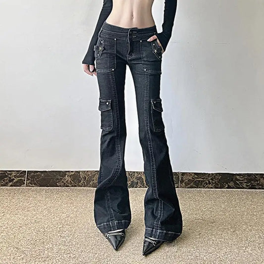 Y2K Punk Star Shaped Rivet Jeans Low Rise Multi Pockets Patchwork Cargo Pants Korean Hippie Flared Denim Trousers