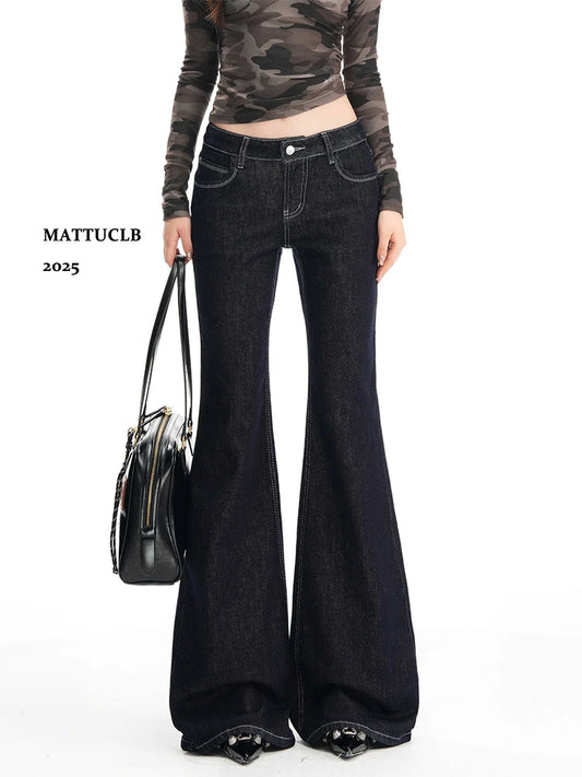 2025 Autumn Winter Women Vintage Low Rise Denim Flare Pants Bootcut Jean Y2k Harajuku Baggy Stacked Jean Bell Bottom Japanese