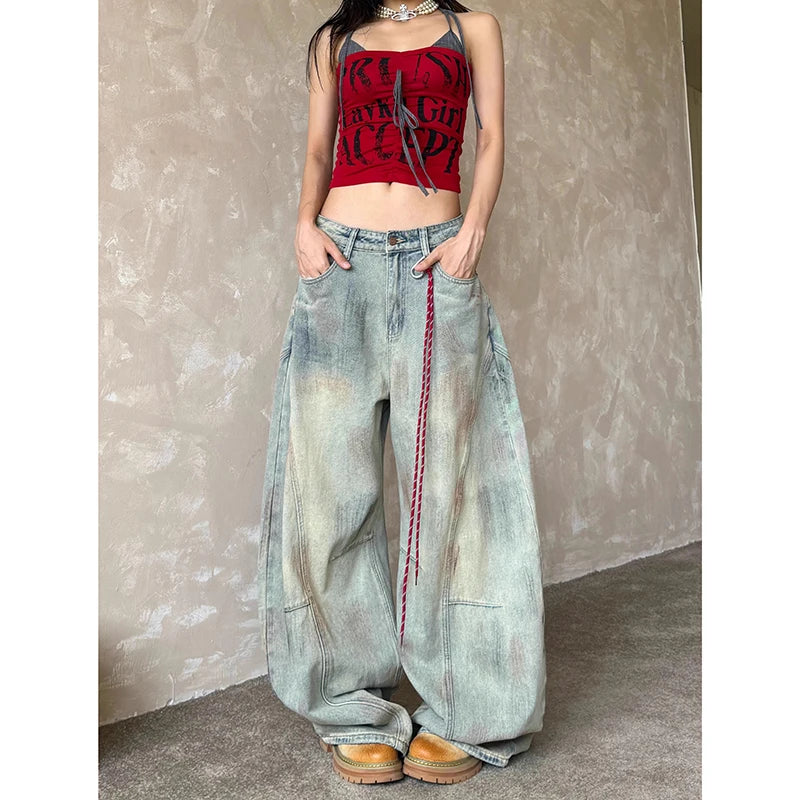 Women's Light Blue Y2k Baggy Jeans Harajuku Aesthetic Japanese 2000s Style Denim Trousers Vintage Cargo Pants Trashy Clothes