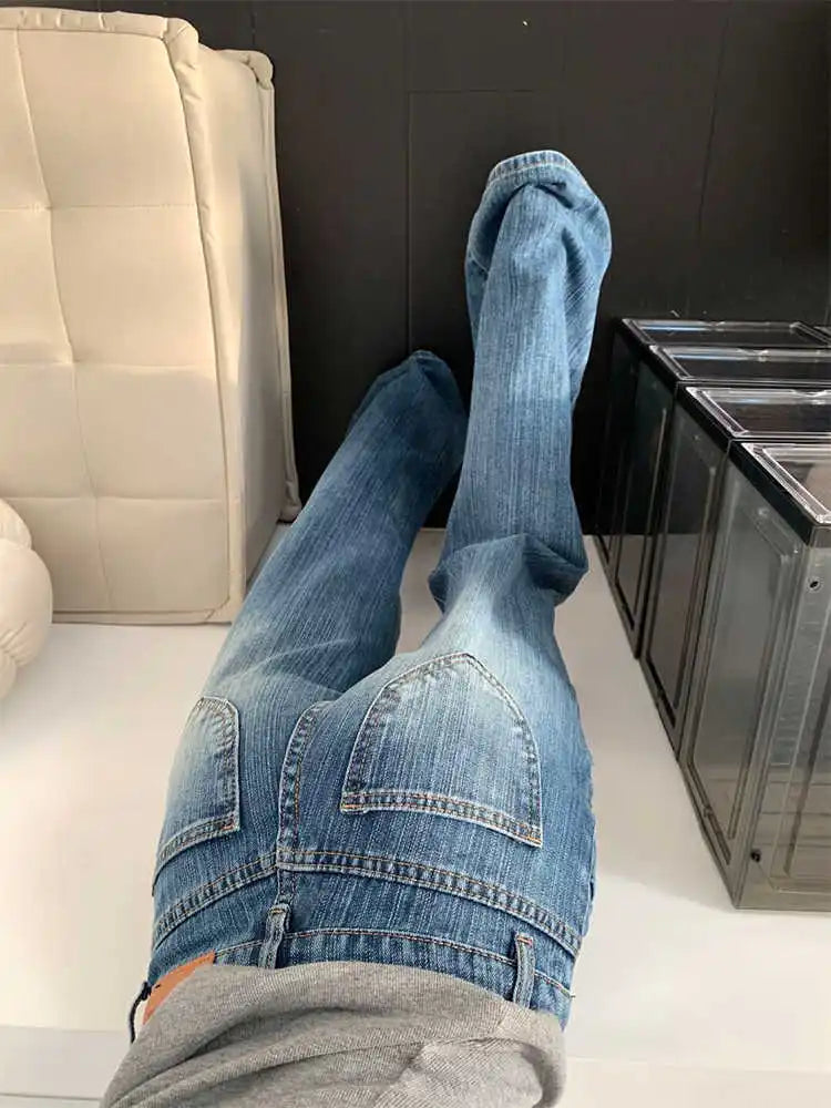2025 Autumn Winter Women Vintage Old Money Baggy Denim Flare Pants Low Rise Jean Y2k Harajuku Bell Bottom Streetwear Blue New