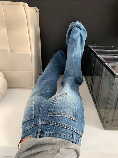 2025 Autumn Winter Women Vintage Old Money Baggy Denim Flare Pants Low Rise Jean Y2k Harajuku Bell Bottom Streetwear Blue New