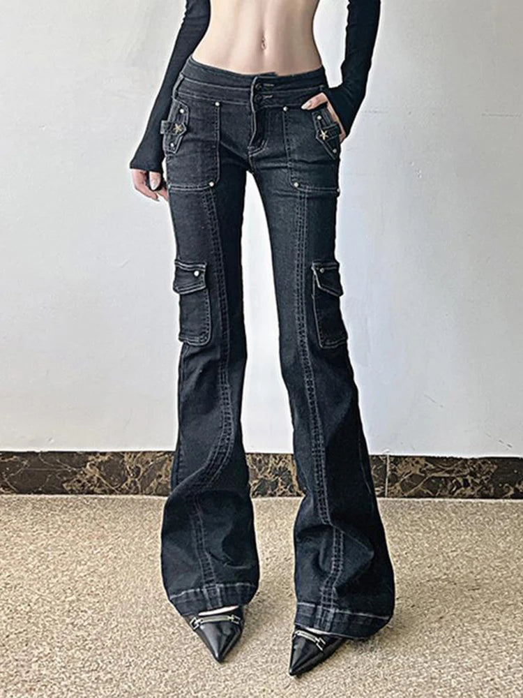 Y2K Punk Star Shaped Rivet Jeans Low Rise Multi Pockets Patchwork Cargo Pants Korean Hippie Flared Denim Trousers