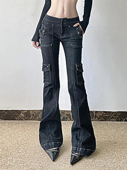 Y2K Punk Star Shaped Rivet Jeans Low Rise Multi Pockets Patchwork Cargo Pants Korean Hippie Flared Denim Trousers
