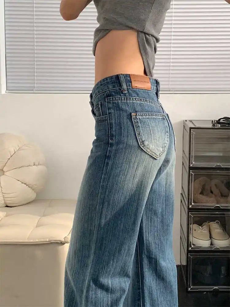 2025 Autumn Winter Women Vintage Old Money Baggy Denim Flare Pants Low Rise Jean Y2k Harajuku Bell Bottom Streetwear Blue New