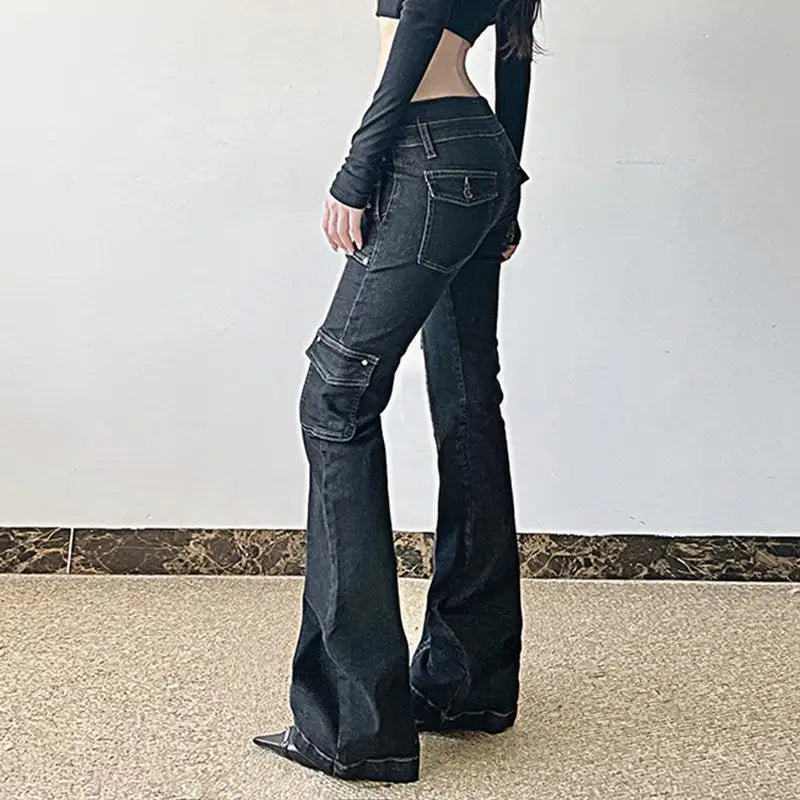 Y2K Punk Star Shaped Rivet Jeans Low Rise Multi Pockets Patchwork Cargo Pants Korean Hippie Flared Denim Trousers