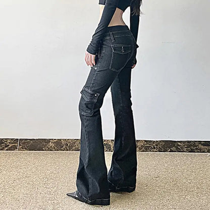 Y2K Punk Star Shaped Rivet Jeans Low Rise Multi Pockets Patchwork Cargo Pants Korean Hippie Flared Denim Trousers