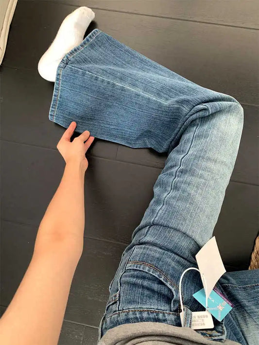 2025 Autumn Winter Women Vintage Old Money Baggy Denim Flare Pants Low Rise Jean Y2k Harajuku Bell Bottom Streetwear Blue New