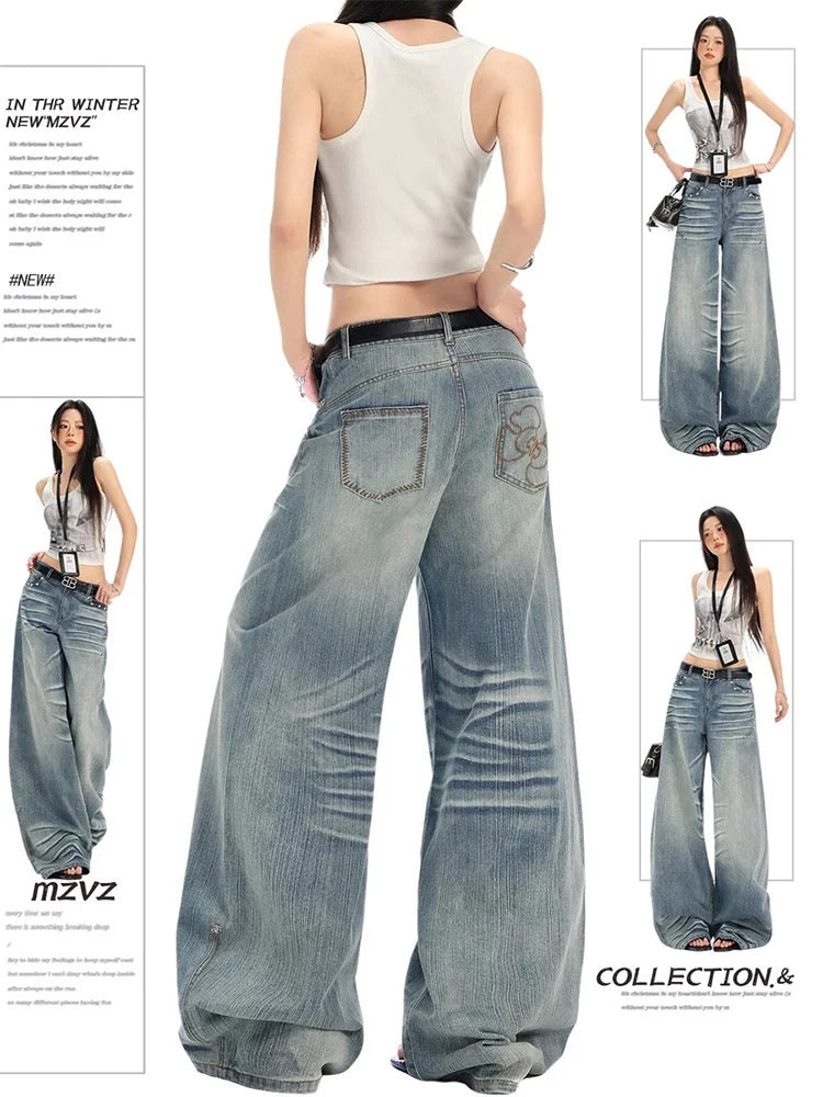 2025 Autumn Winter Women's American Vintage Denim Pants Y2K 2000s Baggy Tomboy Jean Japanese Harajuku Men Wide Fit High Quality