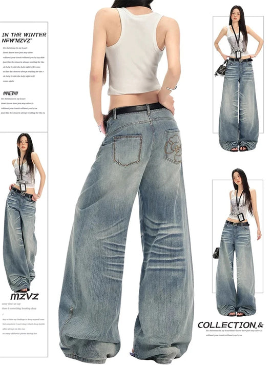 2025 Autumn Winter Women's American Vintage Denim Pants Y2K 2000s Baggy Tomboy Jean Japanese Harajuku Men Wide Fit High Quality