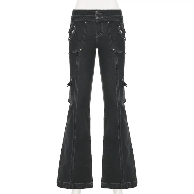 Y2K Punk Star Shaped Rivet Jeans Low Rise Multi Pockets Patchwork Cargo Pants Korean Hippie Flared Denim Trousers