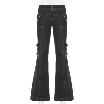 Y2K Punk Star Shaped Rivet Jeans Low Rise Multi Pockets Patchwork Cargo Pants Korean Hippie Flared Denim Trousers