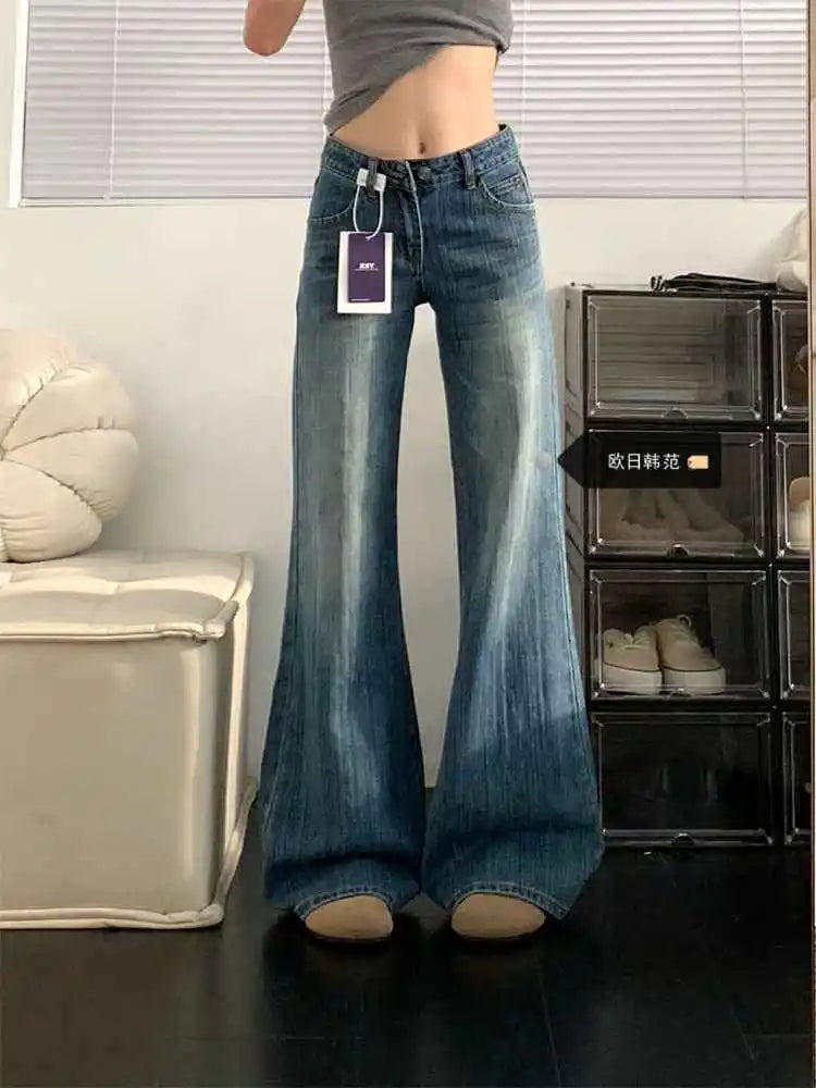 2025 Autumn Winter Women Vintage Old Money Baggy Denim Flare Pants Low Rise Jean Y2k Harajuku Bell Bottom Streetwear Blue New