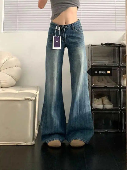 2025 Autumn Winter Women Vintage Old Money Baggy Denim Flare Pants Low Rise Jean Y2k Harajuku Bell Bottom Streetwear Blue New