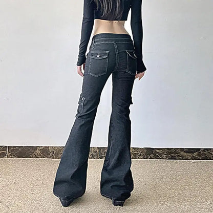 Y2K Punk Star Shaped Rivet Jeans Low Rise Multi Pockets Patchwork Cargo Pants Korean Hippie Flared Denim Trousers
