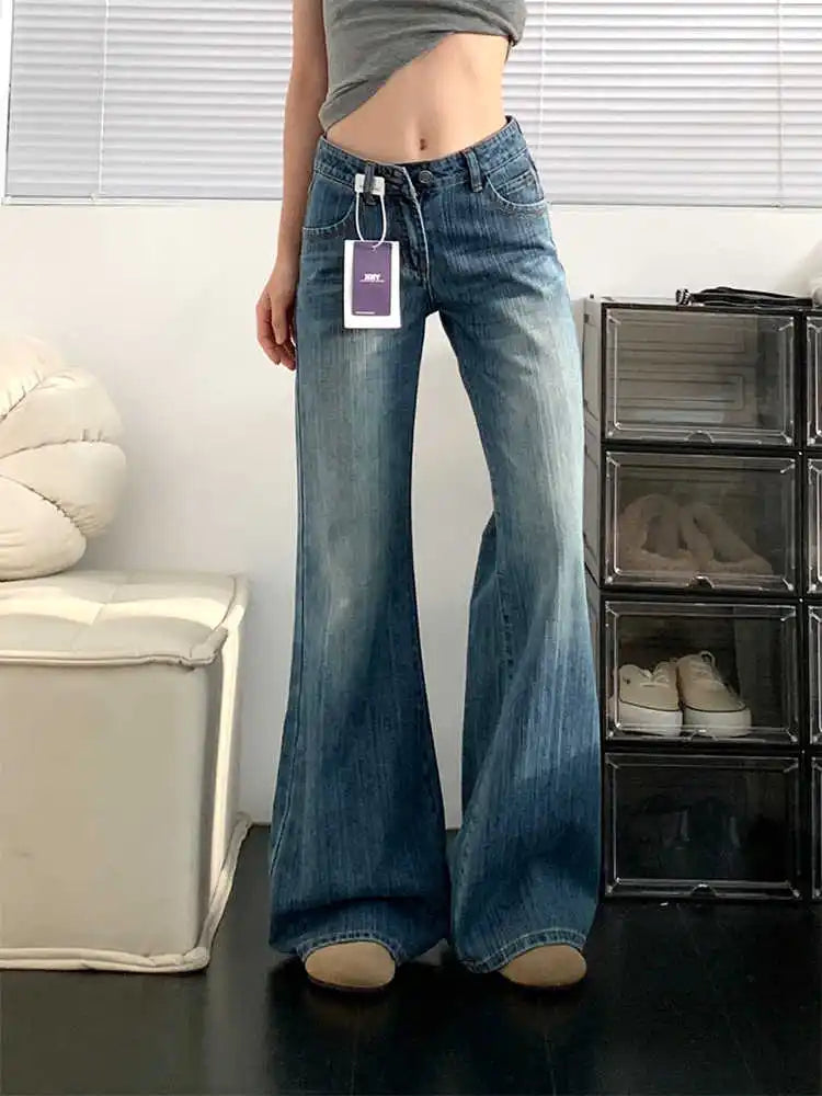 2025 Autumn Winter Women Vintage Old Money Baggy Denim Flare Pants Low Rise Jean Y2k Harajuku Bell Bottom Streetwear Blue New