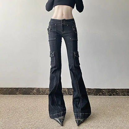 Y2K Punk Star Shaped Rivet Jeans Low Rise Multi Pockets Patchwork Cargo Pants Korean Hippie Flared Denim Trousers