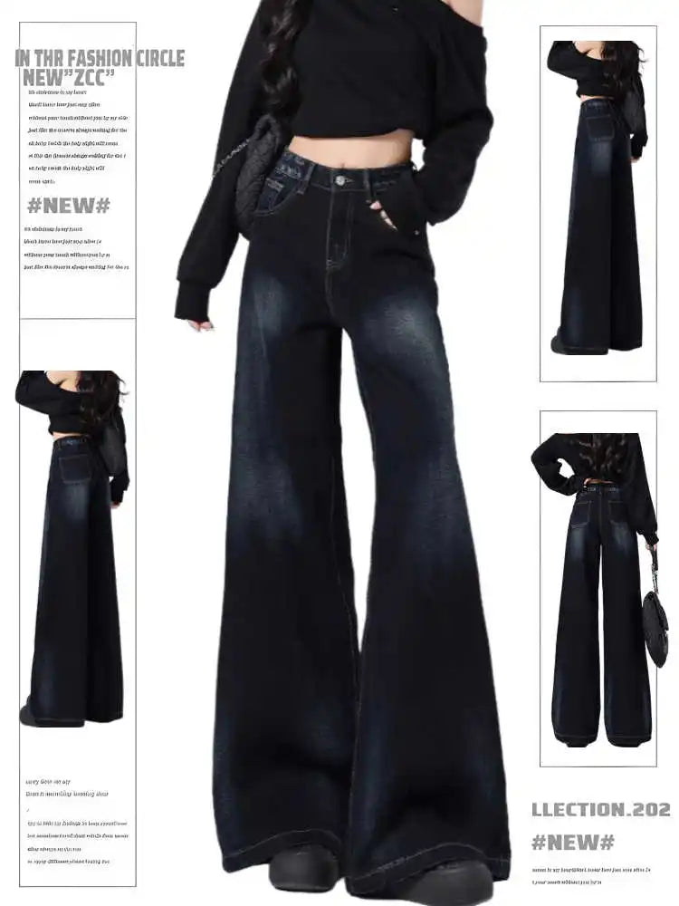 Winter Women's Denim Pants High Quality Flared Jeans Korean Bell Bottom Jeans Y2k Dark Academia Cowboy Low Rise Wide Fit jeans