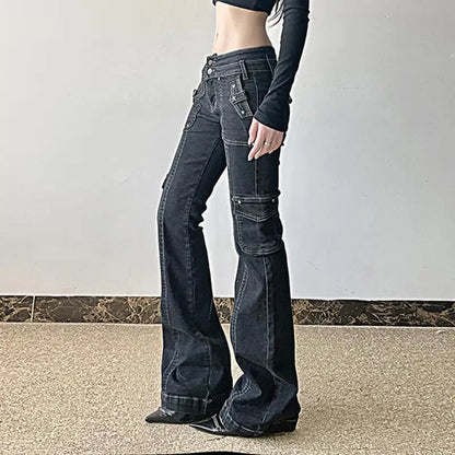 Y2K Punk Star Shaped Rivet Jeans Low Rise Multi Pockets Patchwork Cargo Pants Korean Hippie Flared Denim Trousers
